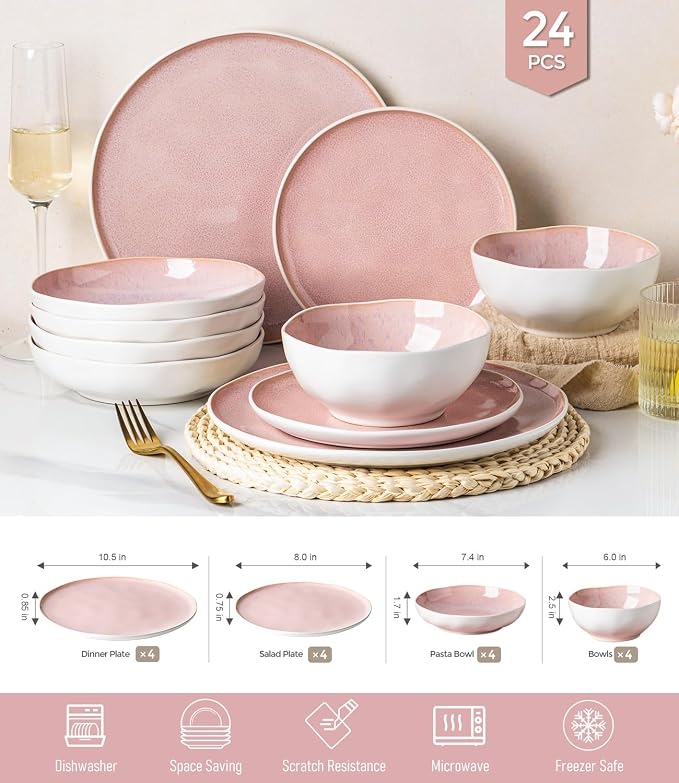 GBHOME Stoneware Dinnerware Sets for 6, 24 Pieces Rustic Ceramic Plates and Bowls Set, Handmade Reactive Glaze Plate Sets, Highly Chip Resistant Dishes, Microwave & Dishwasher Safe, Pink