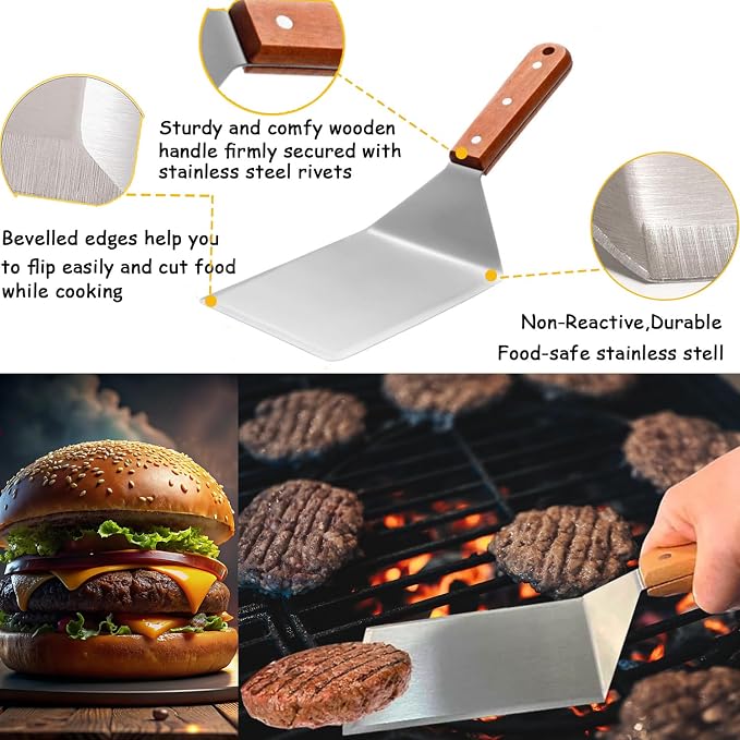 Smash Burger Kit, Heavy-Duty Round & Rectangle Cast Iron Smash Bacon Press, Spatula, Hamburger Stuffed Patty Maker & Patty Papers, Burger Tool for Blackstone Grill and Griddle Accessories Barbeque