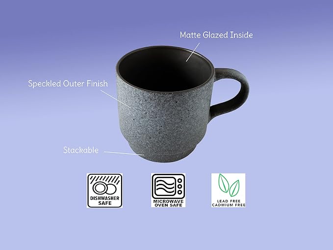 14oz Stackable Ceramic Coffee Mugs with Metal Rack, Assorted Colors - Set of 4 Space Saving Durable Stacking Cups with Speckled Finish