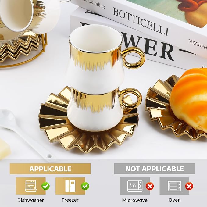3.5oz Ceramic Espresso Cups Set of 6, Small Stackable Coffee Cups with Saucers, Ottoman-Style Turkish Coffee Cup Set for Tea, Espresso, Latte, Coffee, Cafe Mocha, Black Gift Box with Window(White)