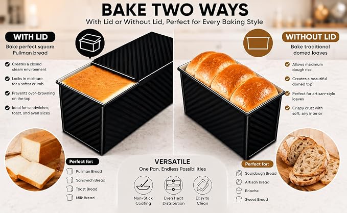 Bread Loaf Pan with Lid, 2-Pack, 2.2LB & 1LB | Food-Grade Nonstick Coating, Easy Release, Perfect Loaf Shape, Corrugated Design, Oven Safe up to 450°F