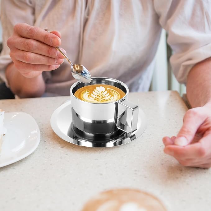 200 Ml/7 Oz Stainless Steel Espresso Cups Set of 4 Stainless Steel Coffee Mug with Saucer and Spoon Double Walled Mug Cup 7 Oz StainlessSteel Coffee Cup with Saucer for Latte, Milk, Tea