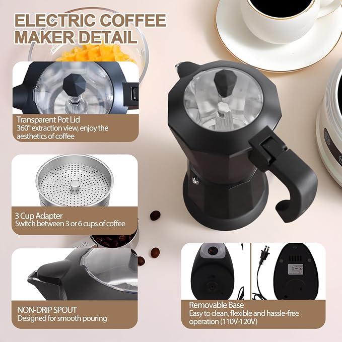 Aluminum Electric Moka Pot 3-6 Cup 270ml Express Coffee Maker Stovetop Espresso Portable Coffeemaker Italian Classic Brewing Greca Cafe Mocha with Removable Base and Overheating Protection Machine