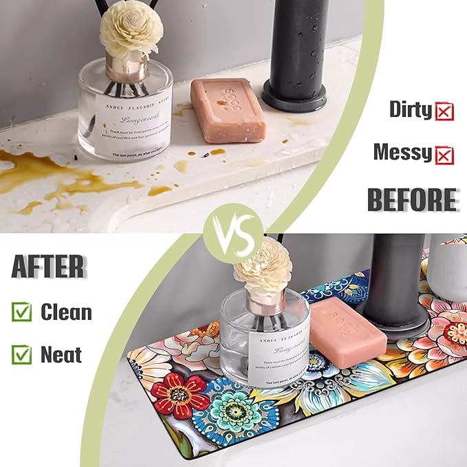 Sink Faucet Absorbing Mat, 2 Pack Drying Mat Around Faucet Sink Splash Guard Behind Faucet Sinkmat For Kitchen Bathroom Island Rv 24 * 5.5 Inch (60 * 14 cm)