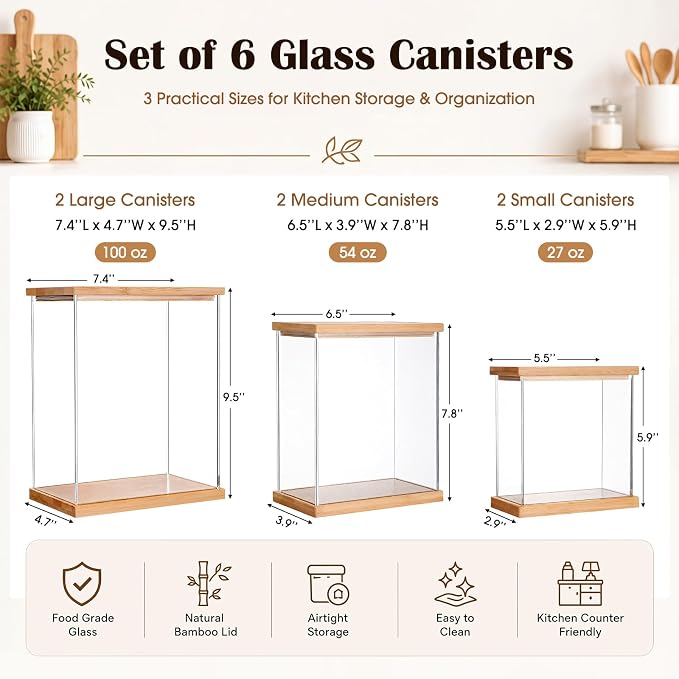 6 Pack Acrylic Pantry Storage Containers with Bamboo Lid Airtight Food Cereal Containers Storage 100oz, 54oz, 27oz with 144 Pantry Labels and Spoon for Flour Sugar, Cereal, Spice