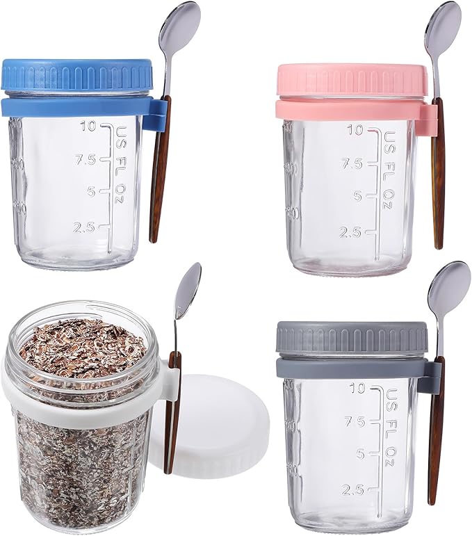 Outanaya 4pcs 400ml Pastel Mason Jars with Lids and Spoons, Glass Overnight Oats Containers Airtight Kitchen Food Storage Canisters for Breakfast and Meal Prep