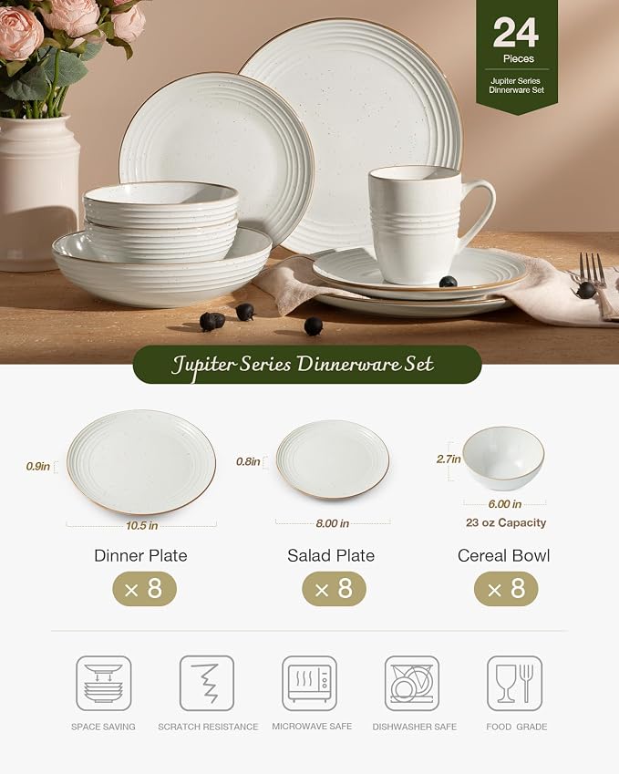 Famiware Jupiter 24-Piece Stoneware Dinnerware Set, Handcrafted Plates and Bowls with Speckles & Embossed Swirls, Chip/Scratch Resistant, Microwave/Dishwasher Safe, Rustic Dishes, Service for 8, White