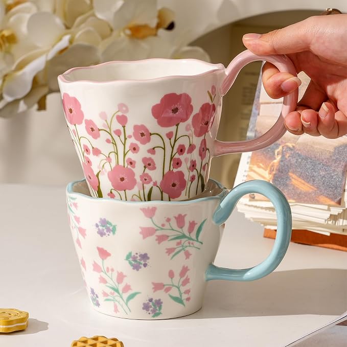 Cute Floral Coffee Mug Set of 4-12oz Ceramic Flower Embossed Cups with Petal Handles, Dishwasher and Microwave Safe