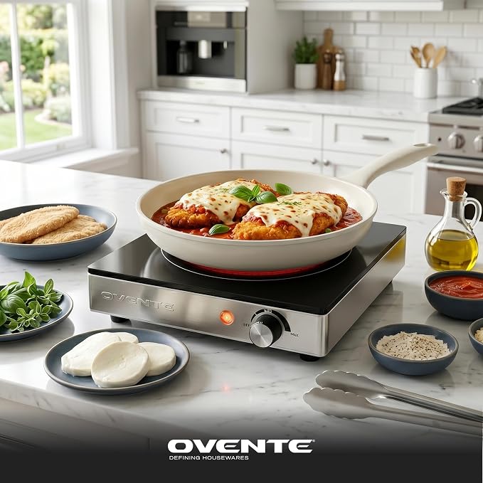 OVENTE Infrared Ceramic Single Burner, 1200W Electric Countertop Hot Plate with Black Crystalline Glass, Portable Stainless Steel Cooktop for Home, Office, or Dorm Use, Black BGI301GB