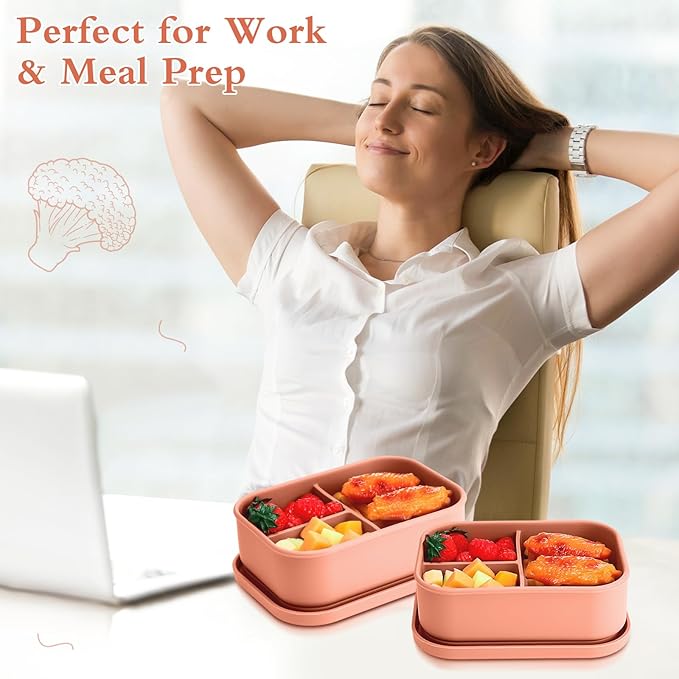 Honeydak 4 Pcs Silicone Bento Box for Adults, 3 Compartment Lunchable Food Container for Women Men, Leak Proof Microwave Dishwasher Freezer Safe (Orange)