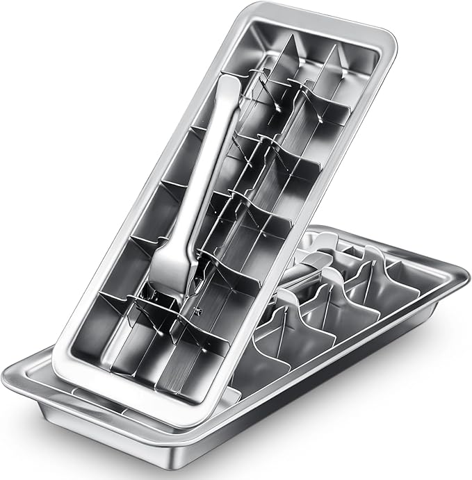 Yaocom 2 Pcs 18 Slot Stainless Steel Ice Cube Maker and Tray Ice Cube Tray for Bars Kitchens Levers Remove Cubes Easy Removal Metal Food Grade Freezer Molds for Food Juice Dishwasher Safe