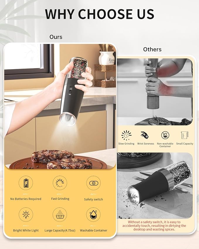 CIRCLE JOY Rechargeable Electric Salt and Pepper Grinder Set and Gravity Electric Salt and Pepper Grinder Set Rechargeable