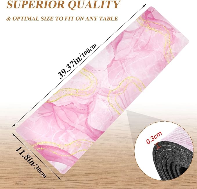 2-in-1 Table Runner Trivet for Hot Dishes Heat Resistant Hot Plate Mat Pad 39x12 Inch Waterproof Table Protector Trivets for Countertop Non Slip Decorative Marble Pink and Luxury Gold