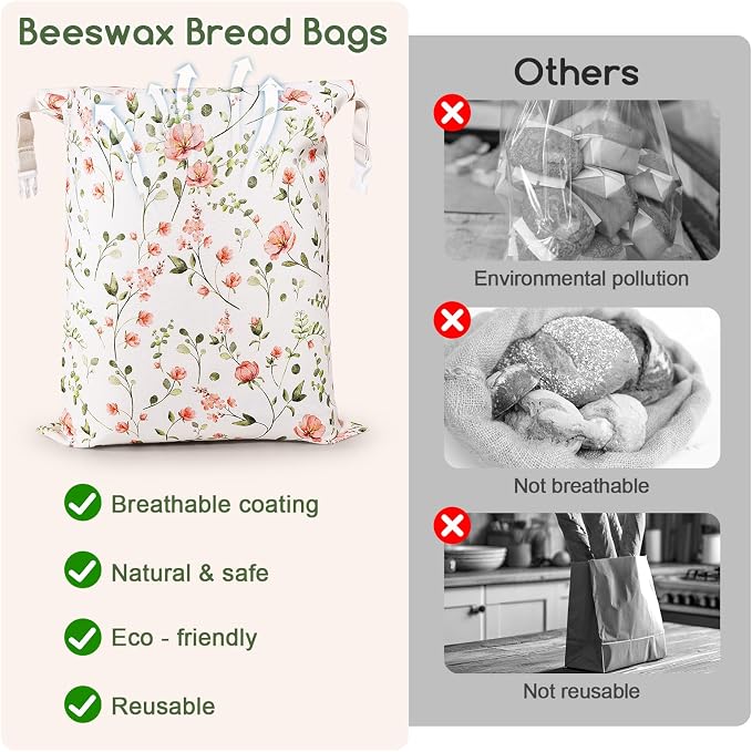 Beeswax Bread Bags for Sourdough, 2 Pack Reusable Bread Bag for Storage XL 17x13 Inch, Large Canvas Lined Bags for Homemade Sourdough - Keep Fresh, Freezer Safe