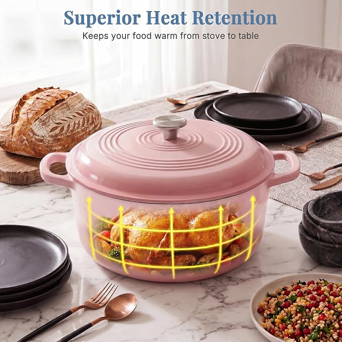 DUMOS Cast Iron Dutch Oven, 6 Quart Pot with Lid, Enameled Heavy Duty Cookware, Oven Safe to 500°F, Perfect for Bread Baking, Braising, Stews and Roasting, Moisture Sealing Lid with Dual Handles, Gradient Pink