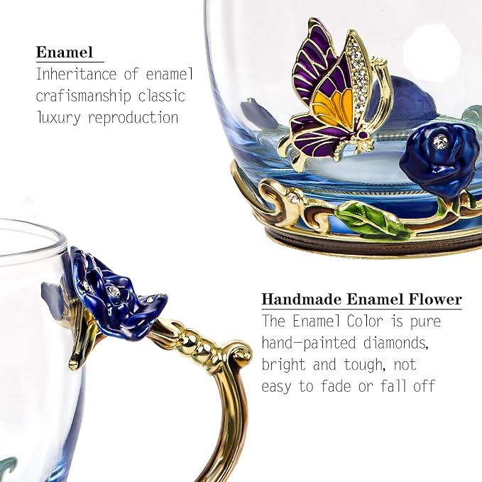 Tea Cup Glass Coffee Mugs,Fancy Tea Cup Set Birthday Christmas Valentine's Day Gift Idea for Tea Lover and Women Novelty Coffee Mugs Rose Flower Enamel Cup with Spoon (Blue & red rose cup)