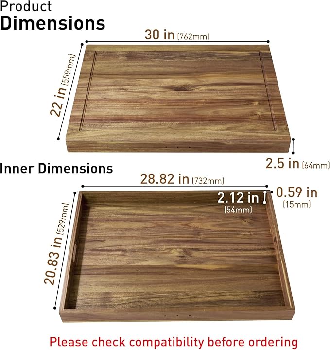 Acacia Wood Stove Cover for Gas & Electric Burners, 28.82”x20.83”x2.12'' (Inner) Noodle Board with Handles, Cutting Board with Juice Groove, Serving Tray (Natural Acacia)