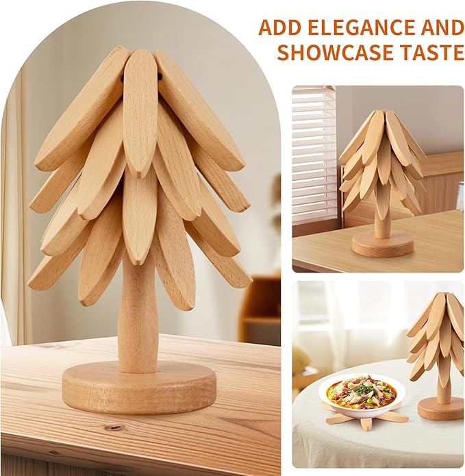 Vertdens Wooden Trivets for Hot Dishes, Hot Dish Coaster with Tree-Shaped Wood Collapsible Hot Pad Trivet Tree for Restaurant, 4 Wooden Trivet + 1 Stand（Beech Wood）