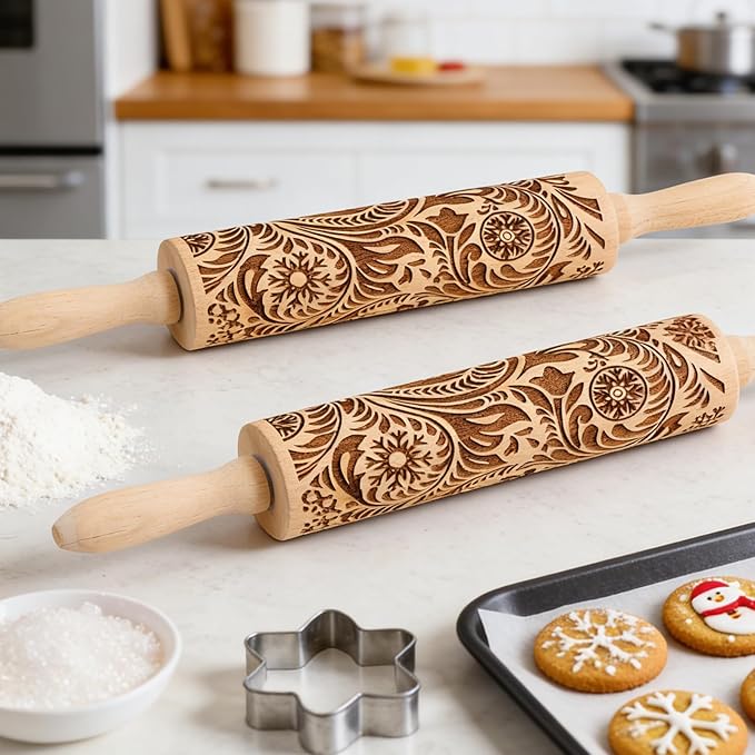 Wooden Embossed Rolling Pin for Baking & Crafts-Easy to Clean, Lightweight Design for Cookie Dough, Pie Crust & Pastry- Deep Engraved Pattern Roller Also Perfect for Clay- Essential Kitchen & DIY Tool
