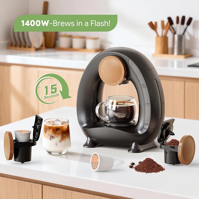 Single Serve Coffee Maker 2 in 1, 1400W Fast Brewer for K-Cup Pods & Ground Coffee, One-Touch Americano & Tea Machine with 2 Reusable Filters, Compact Design for Home Office RV Dorm