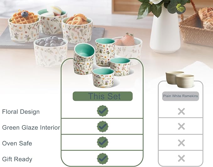 ONEMORE 6 oz Ramekins Oven Safe, Floral Ceramic Ramekin Set of 6 Mint Green Ramekins for Baking & Serving, Creme Brulee Dishes, Custard Pudding Souffle Cups, Small Dessert Bowls for Oven, Air Fryer