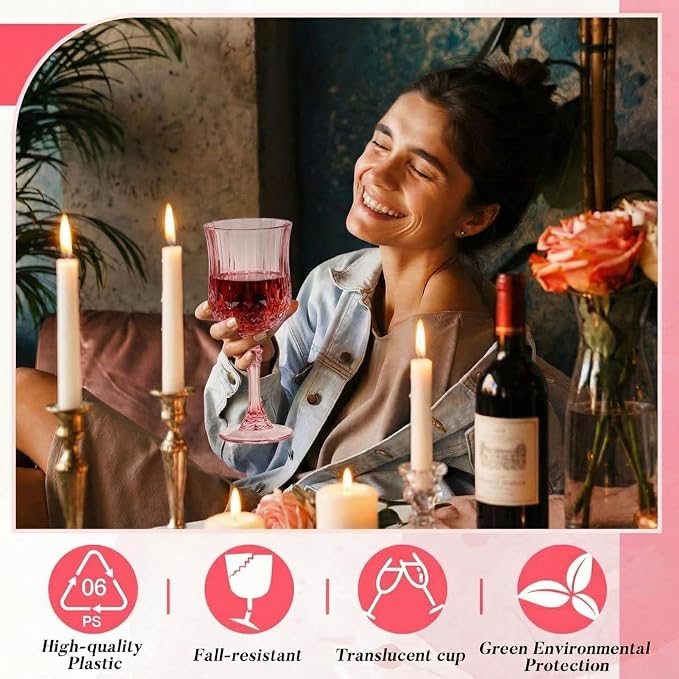 Pinkunn 50 Pcs 7 oz Plastic Vintage Wine Glasses Reusable Colored Goblets Patterned Drinking Water Glasses Cup Dishwasher Safe for Mother's Day Wedding Reception Party Supplies (Pink)