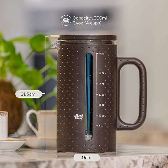 34oz Large French Press Coffee Maker Brown | BPA - FREE | Heat Resistant | Premium Coffee Press | Tea & Hot Drinks | Coffee Brewer | Dishwasher Safe | Gift ready Set | Includes Replacement filters