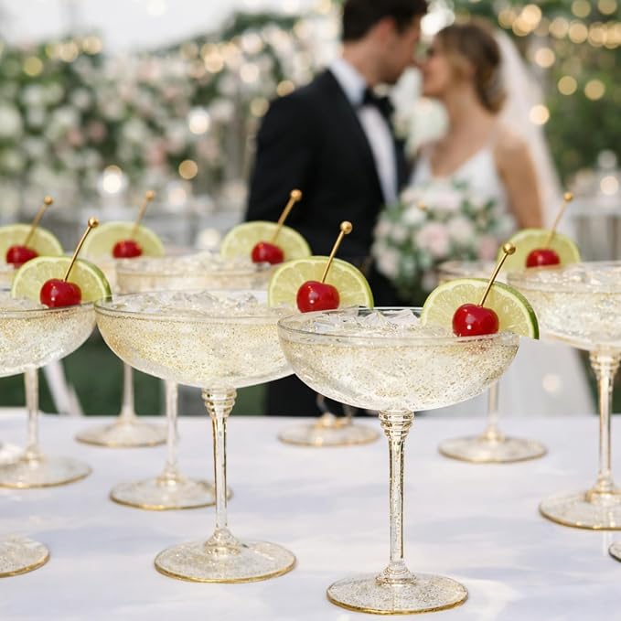 LemonRoad 12 Pcs Detachable Martini Glasses 9oz Disposable Plastic Coupe Cocktail Dessert Glassware Set for Champagne Wine Wedding Birthday Holiday Party Supplies (Transparent Gold Powder)