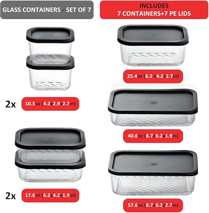 EATEX Grooved Base Glass Meal Prep Containers, 7 Pack Glass Food Storage Containers with Lids for Meal Prep & Lunch, Microwave Oven Freezer Dishwasher Safe, Anti Moisture Non-Stick Design - Black
