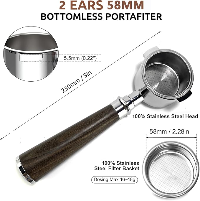 58mm Bottomless Portafilter for Bre ville Oracle & Dual Boiler | Fits BES920XL BES980XL BES990BSS | Nak ed Portafilter wi th Black Rosewood Handle & 58mm Filter Basket - Not for 54mm Series