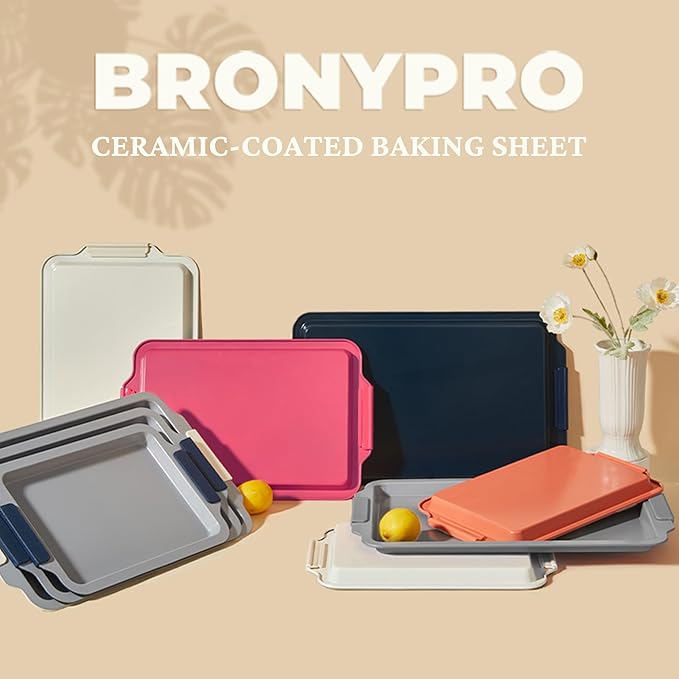 BRONYPRO Non Stick Ceramic Baking Sheet Pan Set of 3, Non Toxic Cookie Sheets (PFAS/PFOA/PTFE Free), Aluminized Steel Oven Trays with Silicone Handles, Rust-Resistant, Warp-Resistant to 500°F, Rose