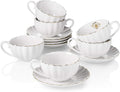 Royal Tea Cups and Saucers, with Gold Trim and Gift Box, British Coffee Cups, Tea Cup Set, Porcelain Tea Set, Cappuccino Cups, Latte Cups, Set of 6 (8 oz)- White