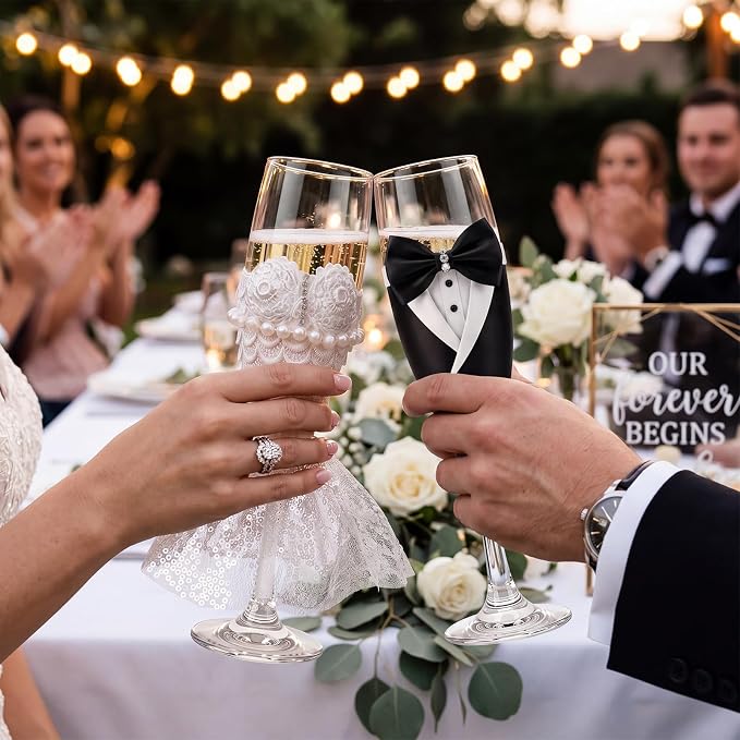 Boao Pearl Wedding Champagne Flutes and Cake Knife Server Set of 4, Champagne Flutes Toasting Glasses with Pearls for Bride and Groom Engagement Anniversary Bridal Shower Gifts (Stylish,Black White)