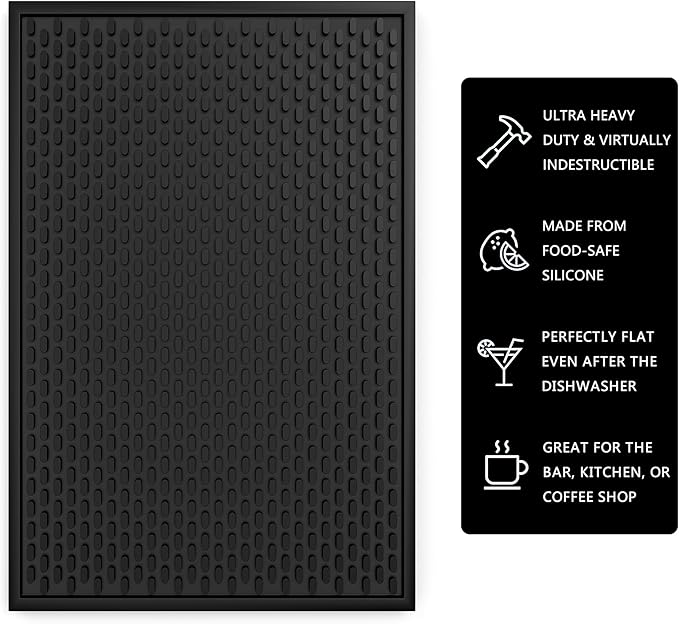 AXIESO 2 Pack Silicone Bar Mat - 1/2 Inch Thick Heat-Resistant and Food Safe Drip Mat - Spill Mats for Counter Top - Kitchen Service Mat, Coffee Bar, Restaurant - Drying Mat - 18 x 12 Inches