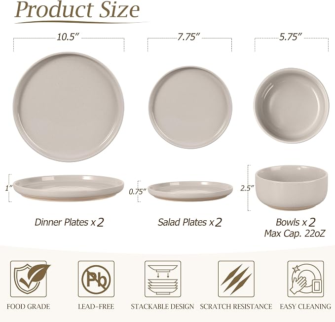 LIANYU Dinnerware Dishes Sets for 2, 6-Piece Stoneware Dinner Set, Ceramic Dining Bowls and Plates Crafted at 2400℉, Scratch Resistant, Microwave & Dishwasher Safe, Milky Brown