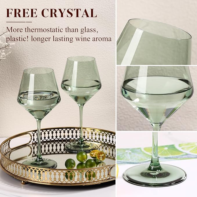 Green Wine Glasses Set of 6-17.5oz Long Stem Crystal Wine Glasses, Handcrafted Blown Colorful Stemware, Elegant Drinkware Gift for Wedding Housewarming Wine Enthusiasts