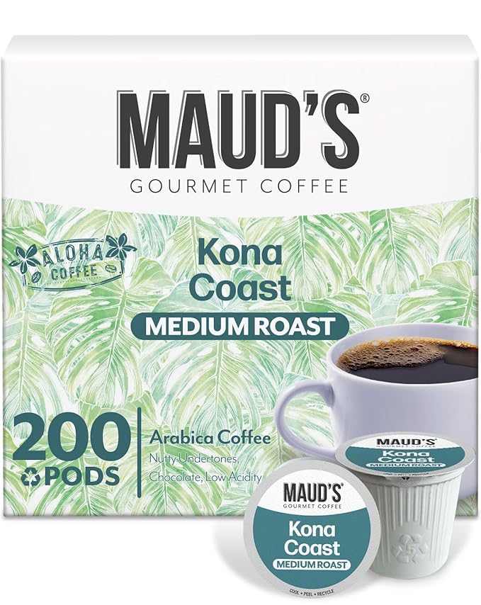 Maud's Kona Coffee Pods, 200 ct, Medium Roast Coffee in Single Serve Pods – 100% Arabica Coffee, Compatible with Keurig K Cups Maker