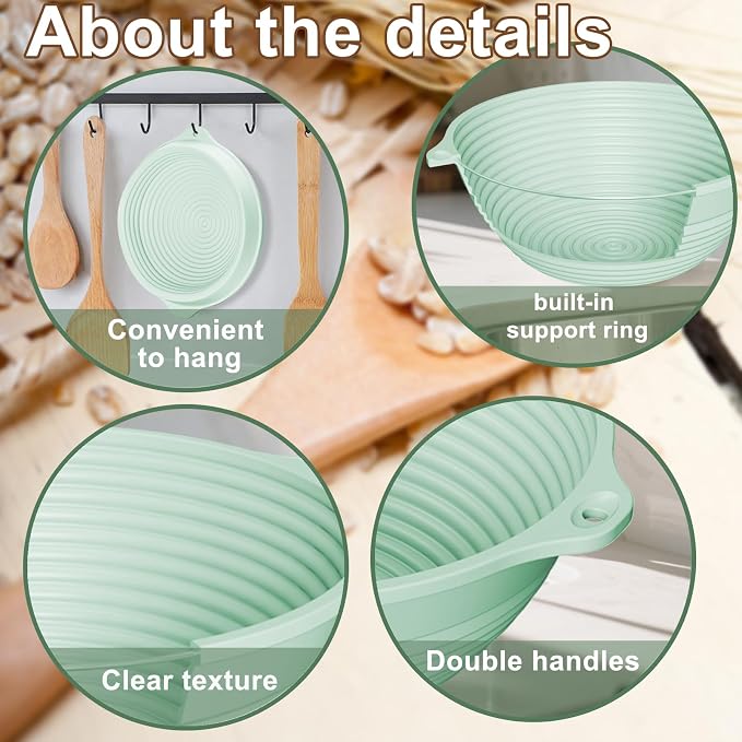 Upgraded 2 Pack Silicone Banneton Bread Proofing Baskets Set - Reinforced Rim Support & Dual Handles, Sourdough Starter Kit, 9 Inch Round Foldable Sourdough Baking Basket (Green, Green)