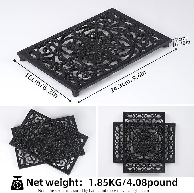 Notakia 9.6 x 6.3 Inch Cast Iron Trivet Set, Large Metal Trivets for Hot Dishes Pots Pans Decorative Kitchen Trivets, Heat-Resistant Trivet Mats for Quartz Countertops, Table Cooktop (Black, 2 Pack)