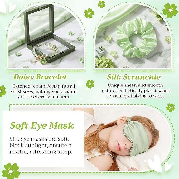 Vesici 73 Pcs Spa Sleepover Party Supplies Bulk Women 8 Sets Slumber Birthday Bridesmaid Gift Crochet Flower Glass Cup Eye Mask Hair Ties Gift Bag Bracelets Scrunchies Headband(Cherry Blossoms,Green)