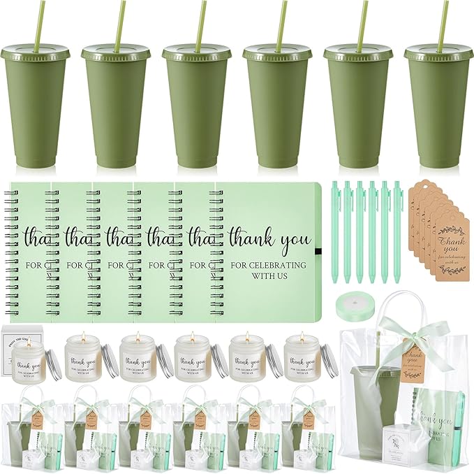 Nuogo 6 Sets New Parent Shower Prizes for Player Winners Adult, Wedding Bridal Shower Gift, Plastic Tumbler Notebook Scented Candle Ballpoint Pen Bag (Green Color,Classic Style)