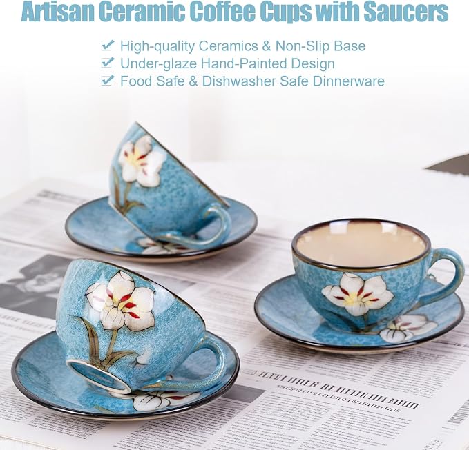 8 Oz Floral Porcelain Cappuccino Cups with Saucers Set of 4, Stoneware Tea Coffee Mugs for Home Kitchen & Office, Dishwasher Microwave Oven Safe, for Espresso, Latte, Americano, Milk & Tea, Blue
