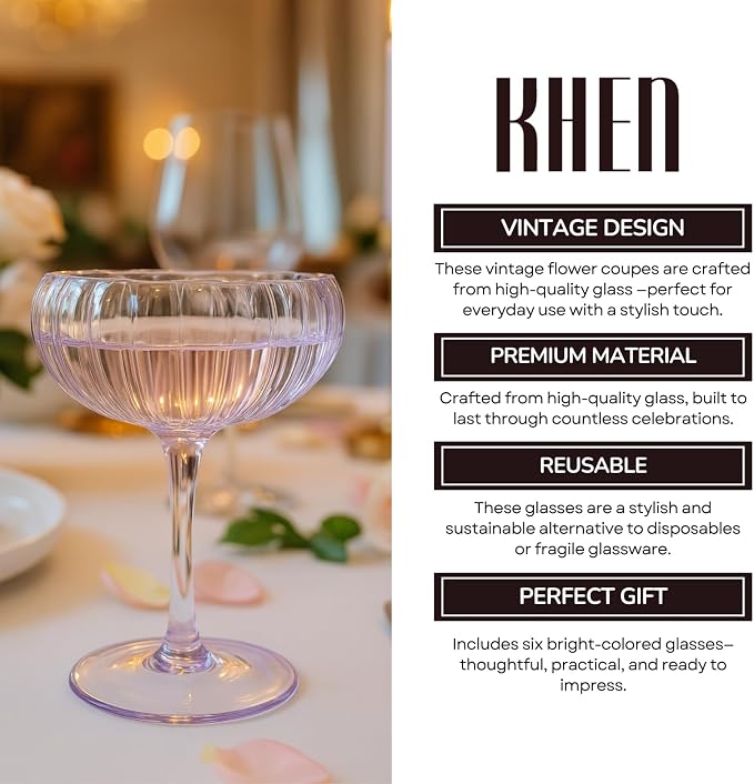 Khen Flower Vintage Wavy Glass Coupes Martini, Champagne & Cocktail Coupes - Set of 6-7oz Colorful Cocktail Glasses & Champagne, Prosecco, Mimosa Glassware Copyright Design - Bright Colors