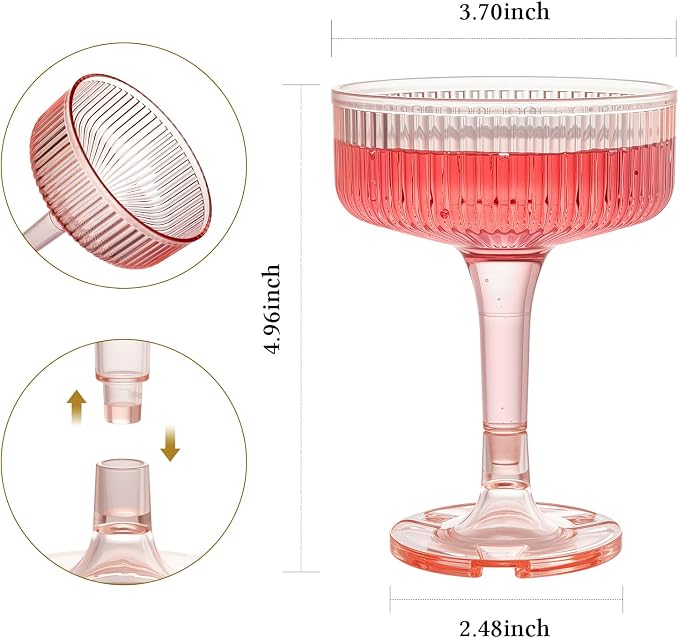 Goodluck 4-Tier Champagne Glasses - 20 PCS 7oz Pink Plastic Champagne Flutes, Plastic Coupe Glasses with Vertical Stripes for Weddings, Celebrations, Parties & Birthdays
