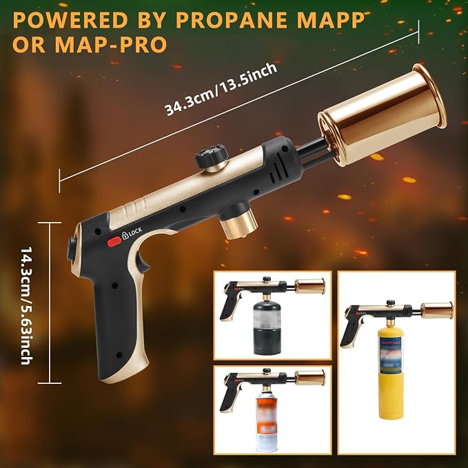 Powerful Propane Torch with One-Touch Max Fire, Adjustable Kitchen Torch with Safety Lock, Flamethrower, Blow Torch Gun for Grill, BBQ, Sous Vide, Campfire Starter (Tank Not Included)