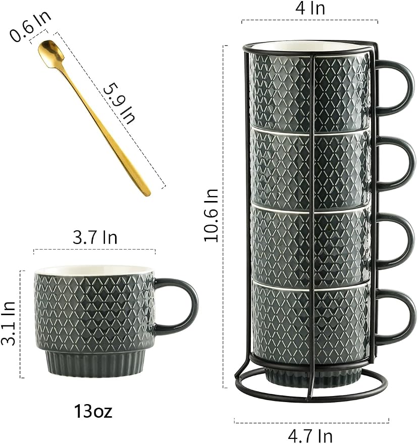Gomakren Coffee Mugs Set of 4, 13 Ounce Stackable Coffee Mug Set with Stand, Father's Day Stoneware Coffee Cup with Spoon for Coffee, Milk, Tea, Cocoa, Grey