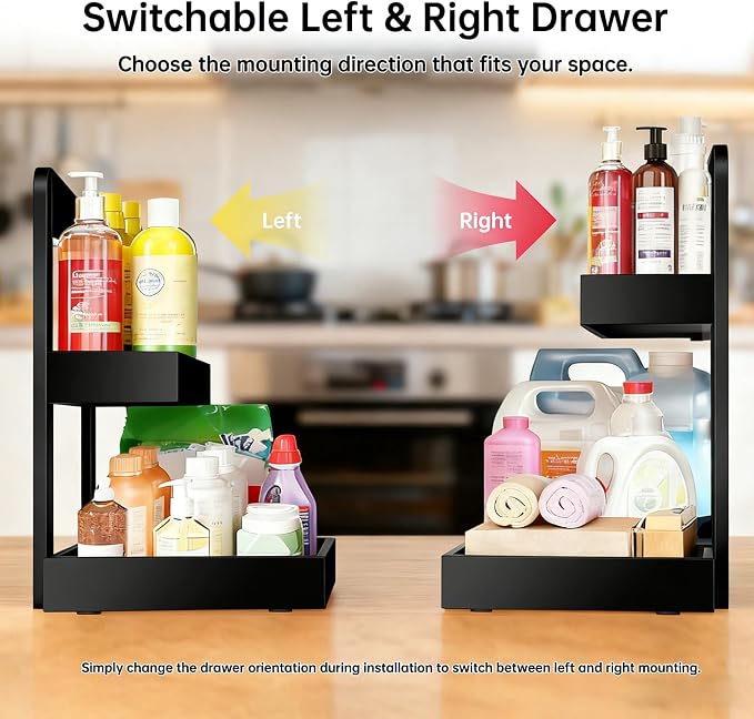 2-Tier Under Sink Pull Out Organizer, Bamboo Cabinet Storage Shelf with Adjustable Height, Slide Out for Kitchen Bathroom Pantry (Black, 2 Packs)