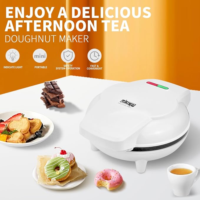 DSP Mini Donut Maker - Non-Stick, 7 Donuts, Cool-Touch | Quick 3-Min Baking, Indicator Lights, Easy Wipe-Clean, Breakfast/Snacks/Desserts