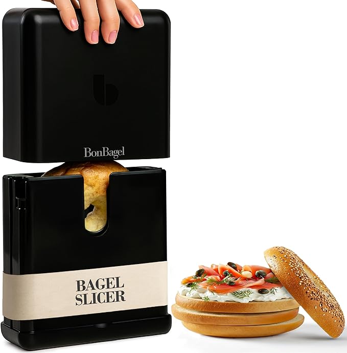 Bagel Cutter Slicer – Precision Bagel Slicer with Auto-Center Holder – Compact 7-Inch Space-Saving Design for Even Cutting Large and Small Bread at Home or Café Kitchen - Black