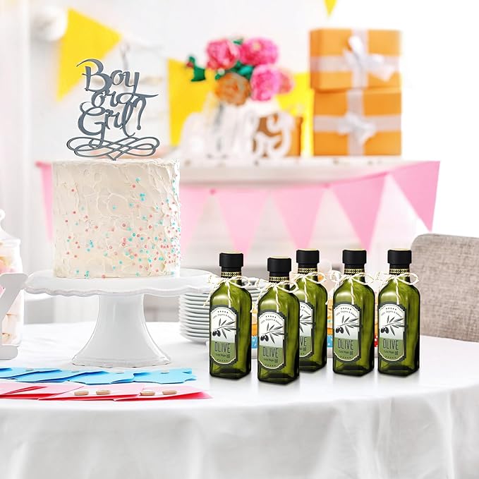 Reallnaive 20 Pcs 4 oz Mini Glass Olive Oil Bottles Empty Sauce Condiment Bottles with Dropper Inserts and Sticker Seals Caps for Gifts Kitchen (Sqaure,Dark Green)